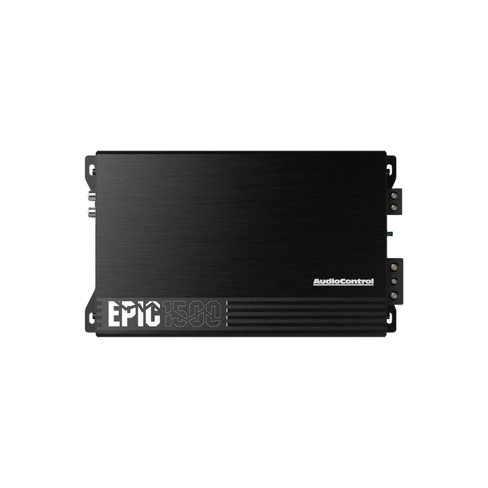 Een zwarte Audiocontrol EPIC1500 1-Kanal autoversterker met merk en modelnummer op een effen witte achtergrond.