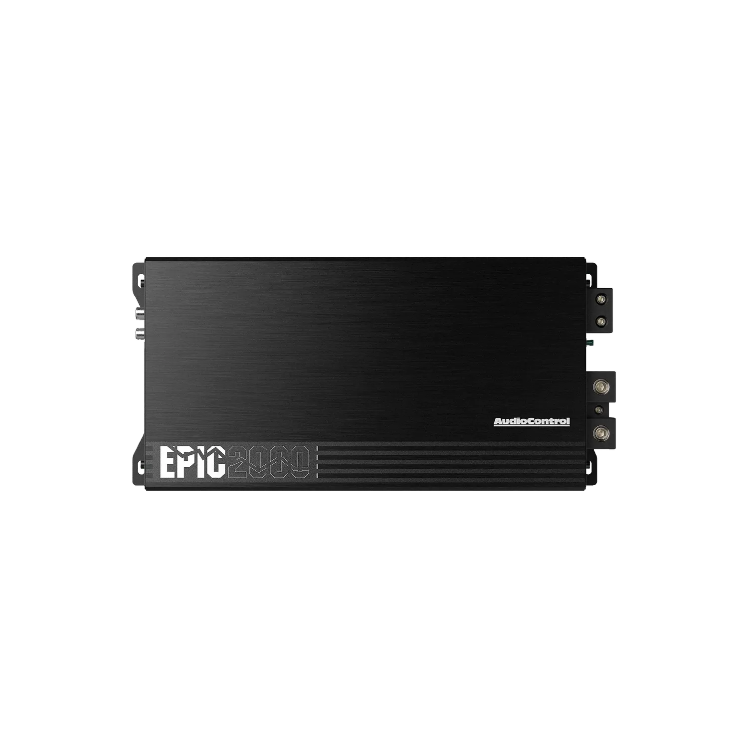 Un amplificador de coche Audiocontrol EPIC2000 negro con texto plateado, 2000 vatios RMS de salida, mostrado sobre un fondo blanco liso.