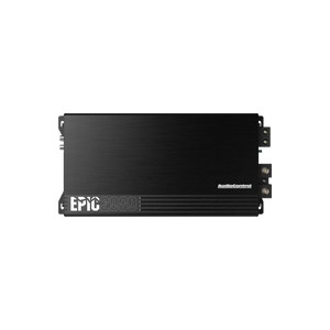 Un amplificador de coche Audiocontrol EPIC2000 negro con texto plateado, 2000 vatios RMS de salida, mostrado sobre un fondo blanco liso.