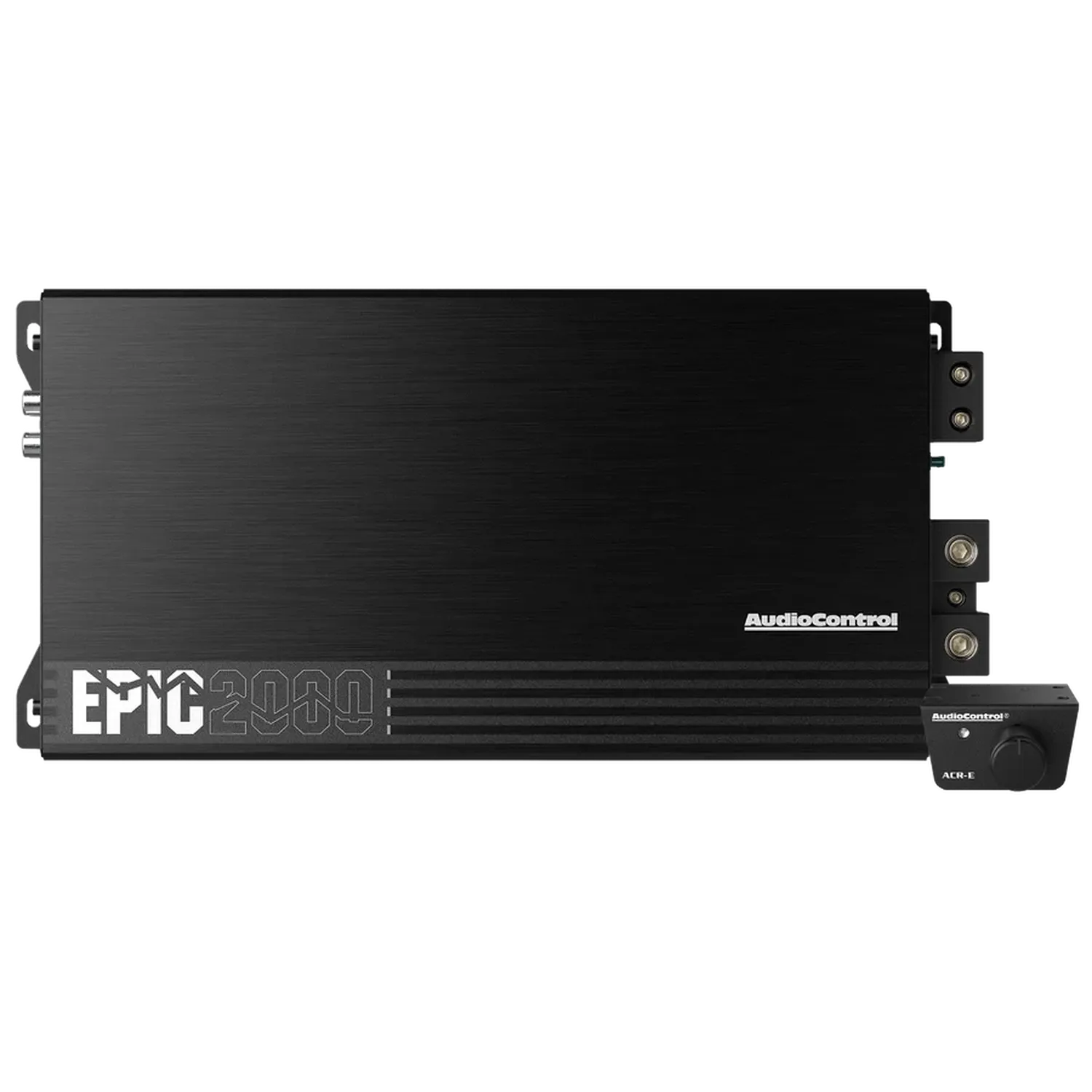 Un Audiocontrol EPIC2000 1-Kanal Verstärker negro con mando a distancia a juego, visualizado sobre fondo blanco.