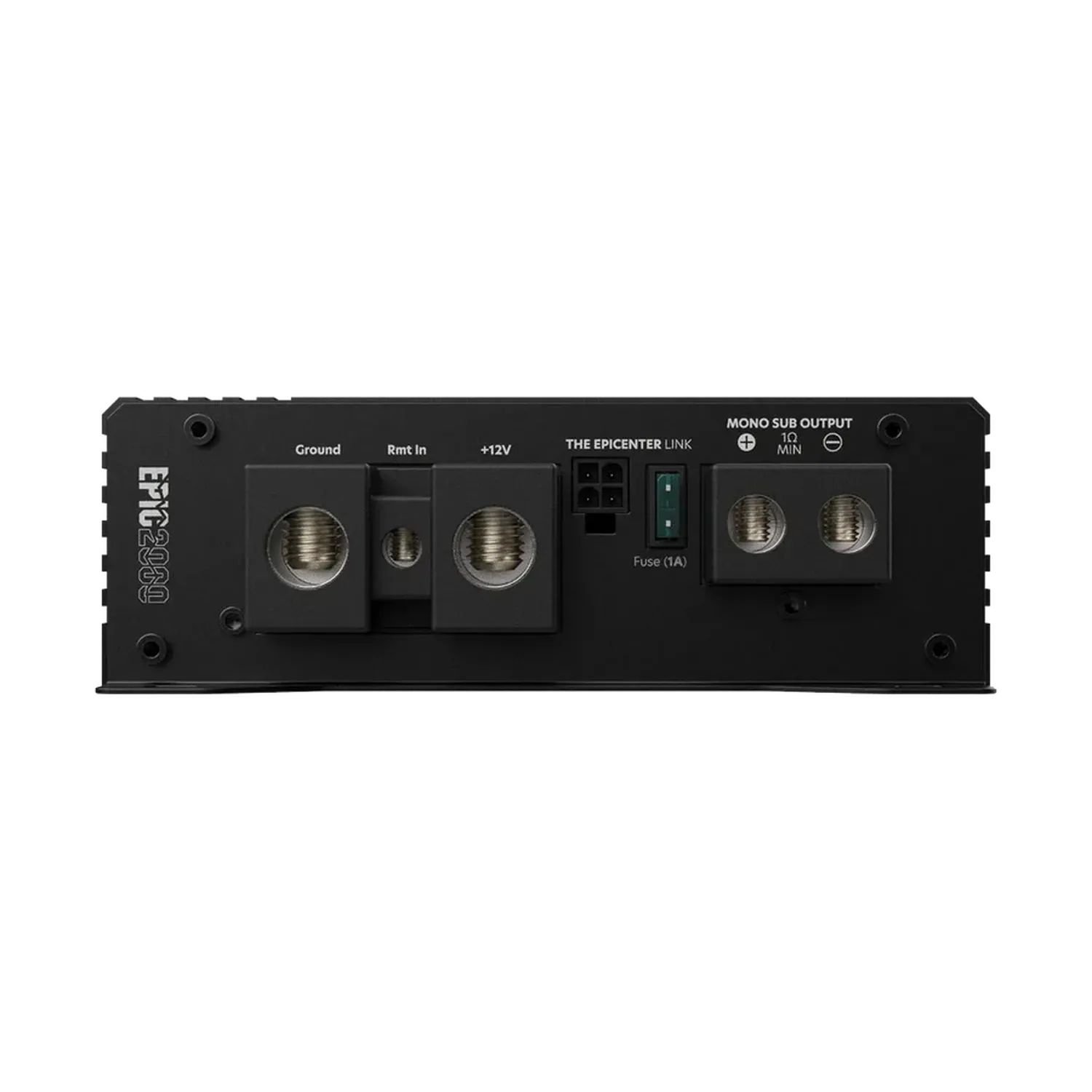 Vista trasera del Audiocontrol EPIC2000, un amplificador negro de 1 canal con grandes terminales, salida mono para subwoofer y una potente potencia de 2000 W RMS para graves profundos.