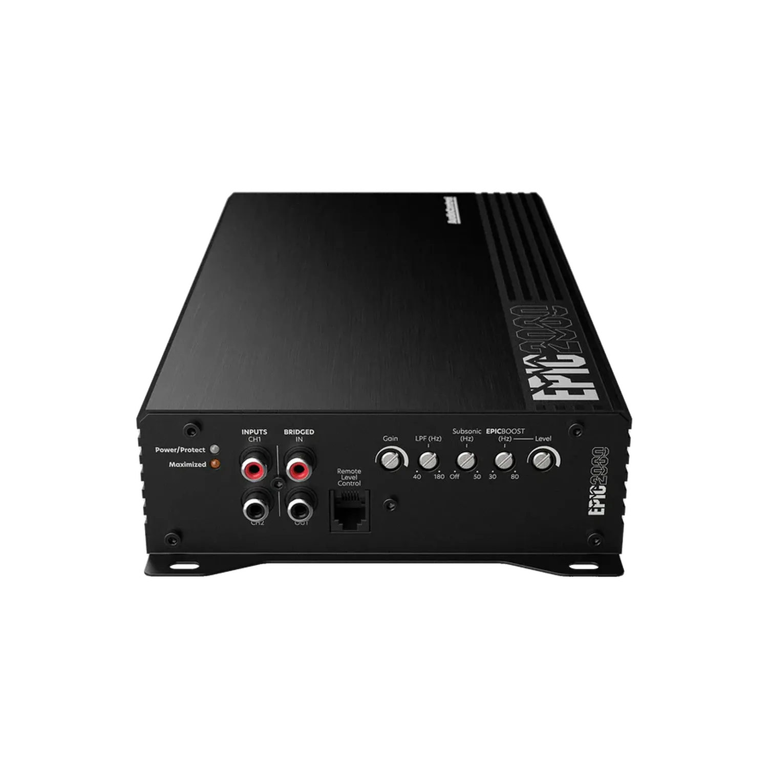 El Audiocontrol EPIC2000 es un amplificador de audio para coche negro de 2000 vatios RMS con conectores RCA, diales de control y un Bass-Prozessor Epicenter sobre fondo blanco.