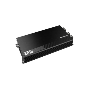 Un amplificador de audio para automóvil Audiocontrol EPIC2000 negro con un diseño elegante y rectangular y rejillas de ventilación, fotografiado sobre un fondo blanco.