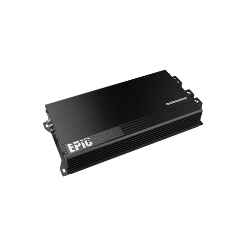 Un amplificador de audio para automóvil Audiocontrol EPIC2000 negro con un diseño elegante y rectangular y rejillas de ventilación, fotografiado sobre un fondo blanco.