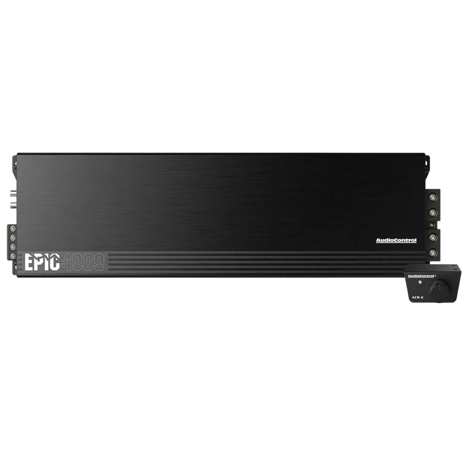 Lamplificatore per auto Audiocontrol EPIC4000 di classe D, di colore nero, presenta un elegante pannello frontale e una manopola di controllo remoto fissata sul lato inferiore destro.