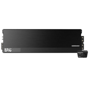 Lamplificatore per auto Audiocontrol EPIC4000 di classe D, di colore nero, presenta un elegante pannello frontale e una manopola di controllo remoto fissata sul lato inferiore destro.