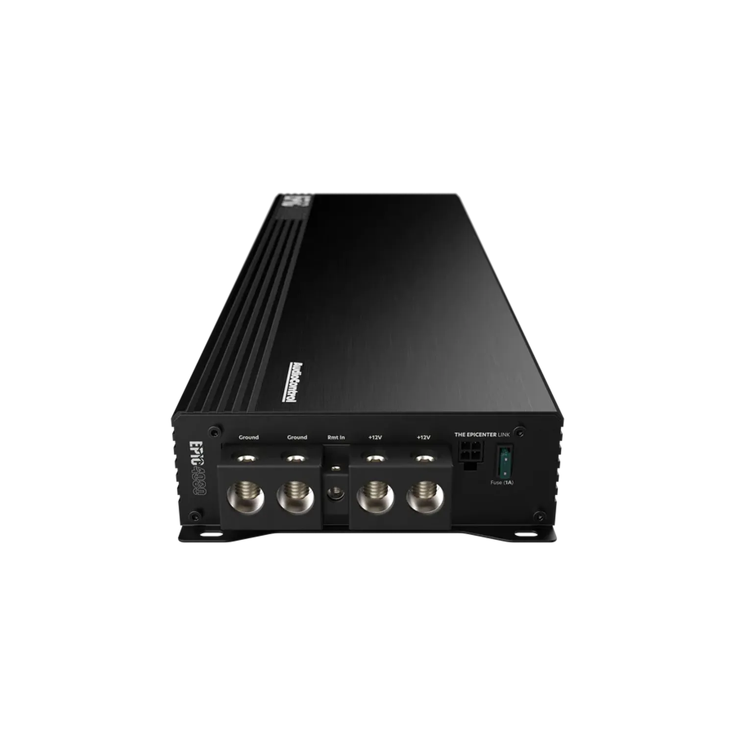 LAudiocontrol EPIC4000 è un Verstärker rettangolare nero di Classe D a 1 canale con terminali a vista, 4000W RMS, mostrato frontalmente su sfondo bianco.