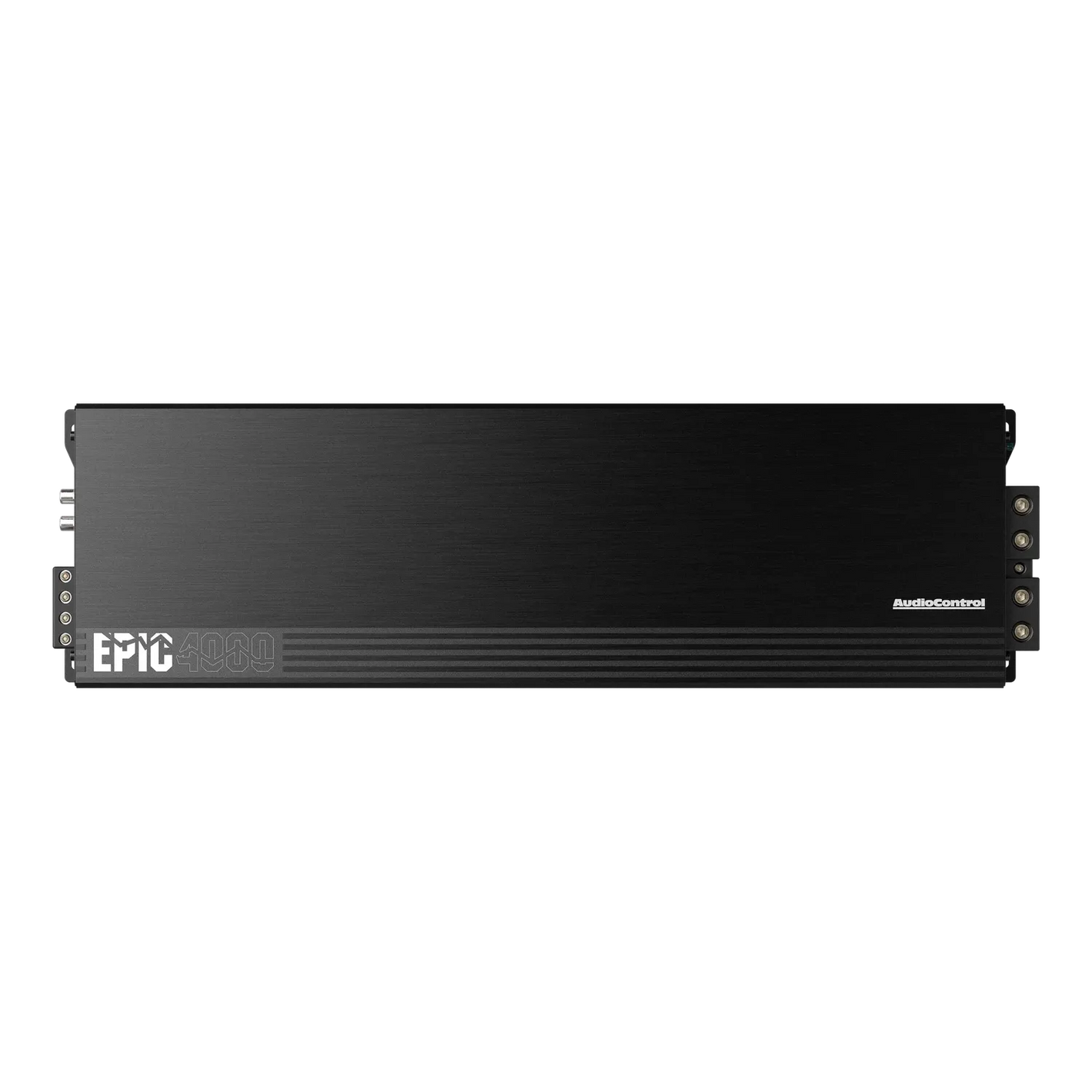 Amplificatore audio per auto Audiocontrol EPIC4000 di classe D, di forma rettangolare e di colore nero, con i loghi del marchio sul pannello anteriore, visto dallalto su sfondo bianco.