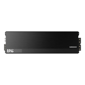 Amplificatore audio per auto Audiocontrol EPIC4000 di classe D, di forma rettangolare e di colore nero, con i loghi del marchio sul pannello anteriore, visto dallalto su sfondo bianco.
