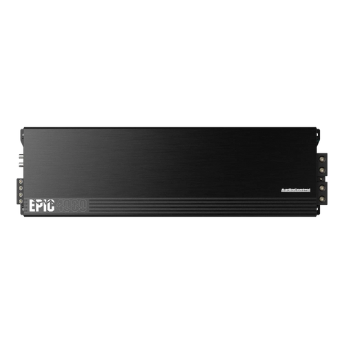 Amplificatore audio per auto Audiocontrol EPIC4000 di classe D, di forma rettangolare e di colore nero, con i loghi del marchio sul pannello anteriore, visto dallalto su sfondo bianco.