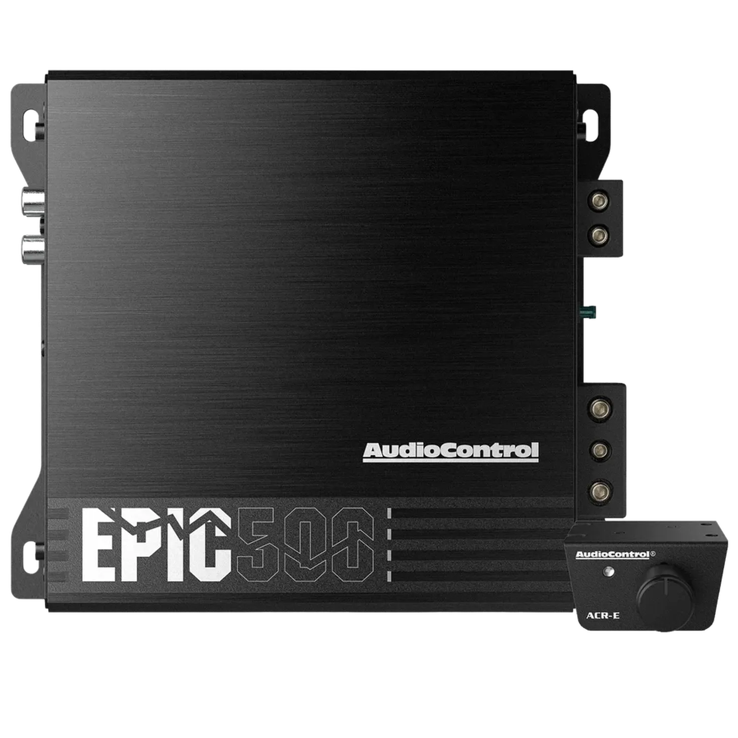 Il processore audio per auto nero Audiocontrol EPIC500 con controllo rotativo separato e amplificatore a 1 canale eroga 500 W RMS, visualizzati su sfondo bianco.