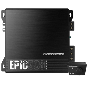 Il processore audio per auto nero Audiocontrol EPIC500 con controllo rotativo separato e amplificatore a 1 canale eroga 500 W RMS, visualizzati su sfondo bianco.