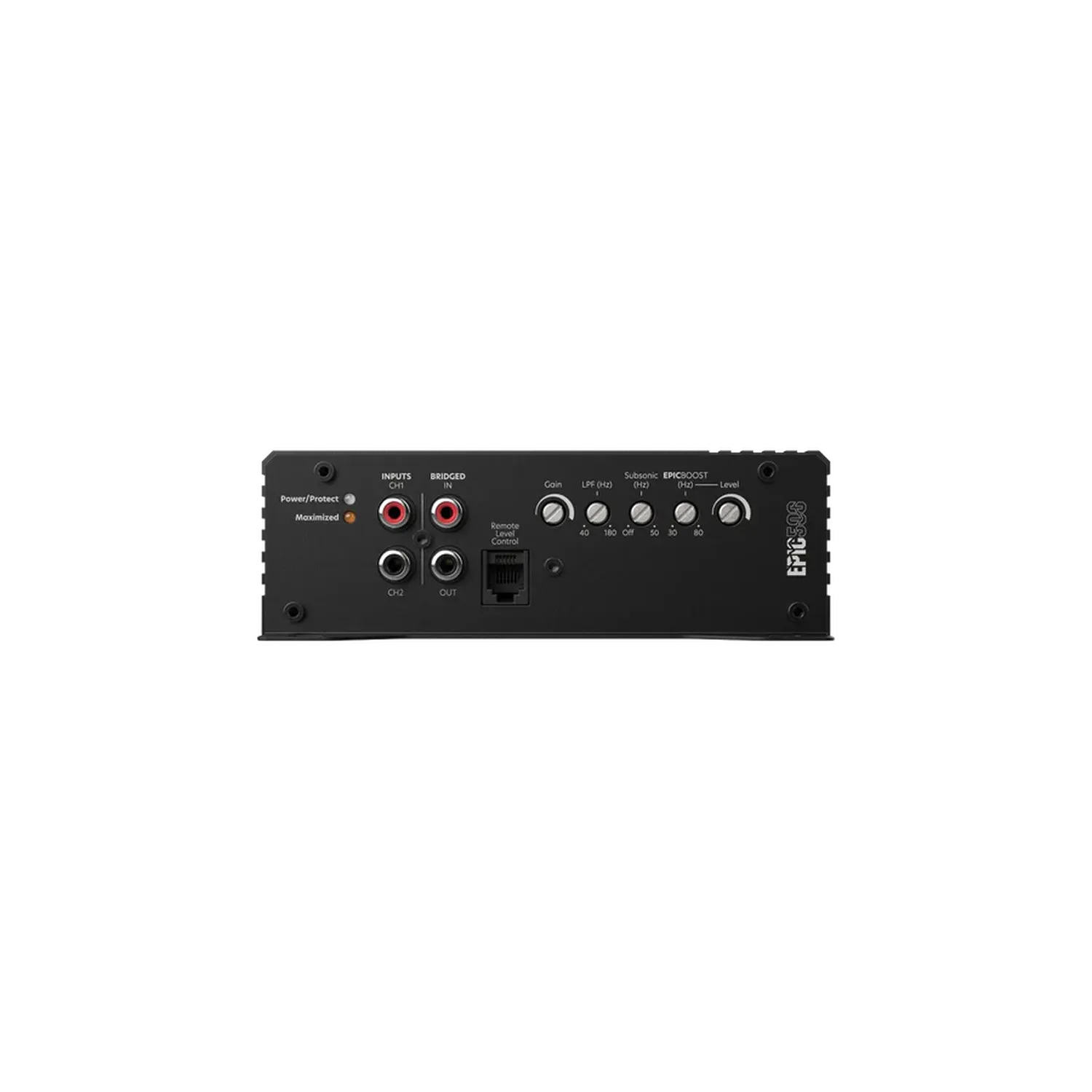 Vista posteriore dellamplificatore audio Audiocontrol EPIC500 che mostra le porte di ingresso/uscita, le manopole di controllo, gli interruttori e i connettori etichettati.