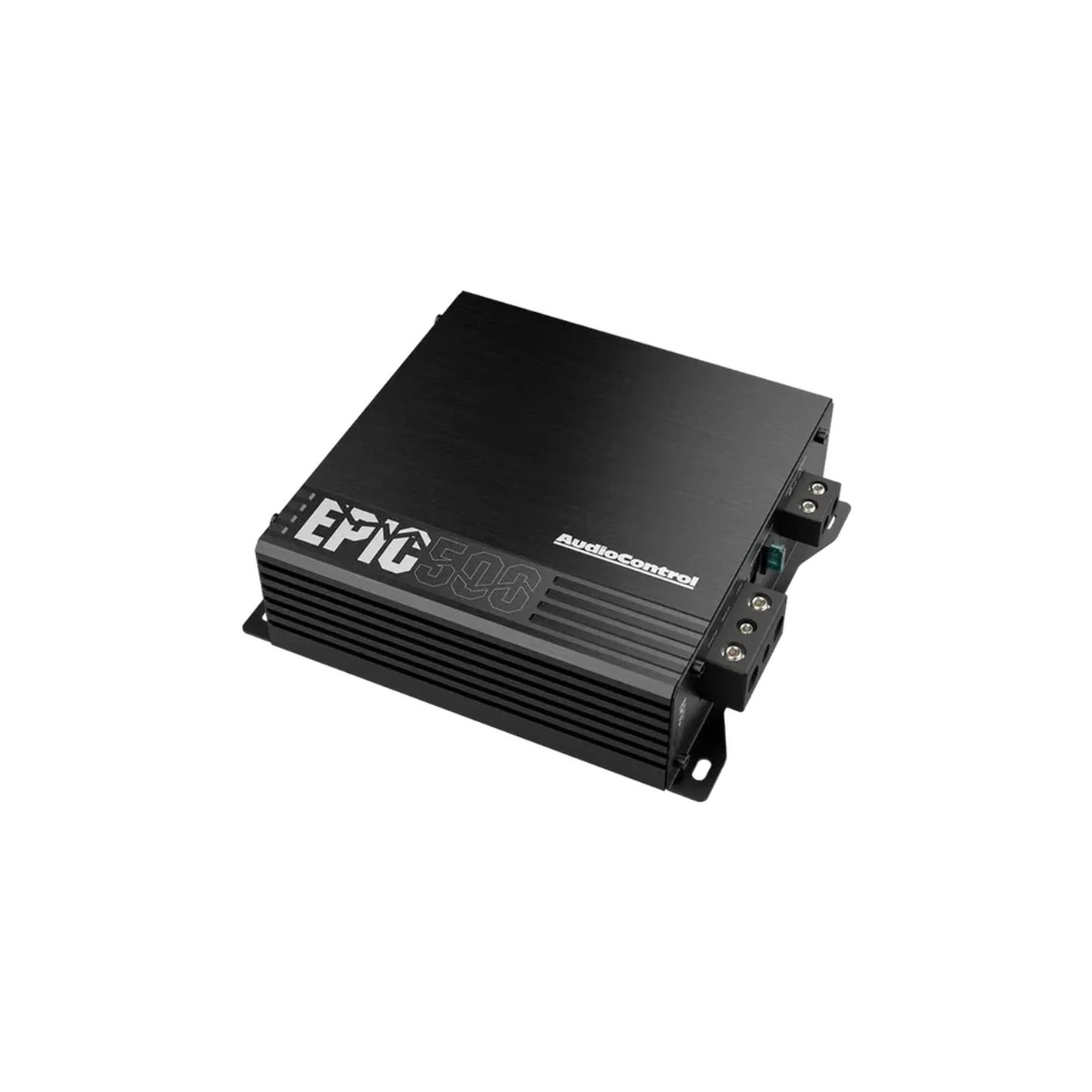 Un processore per bassi a 1 canale Audiocontrol EPIC500 nero con lati alettati e staffe di montaggio su sfondo bianco.