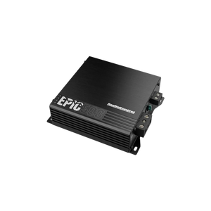 Un processore per bassi a 1 canale Audiocontrol EPIC500 nero con lati alettati e staffe di montaggio su sfondo bianco.