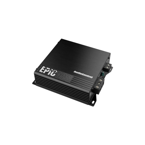 Un processore per bassi a 1 canale Audiocontrol EPIC500 nero con lati alettati e staffe di montaggio su sfondo bianco.