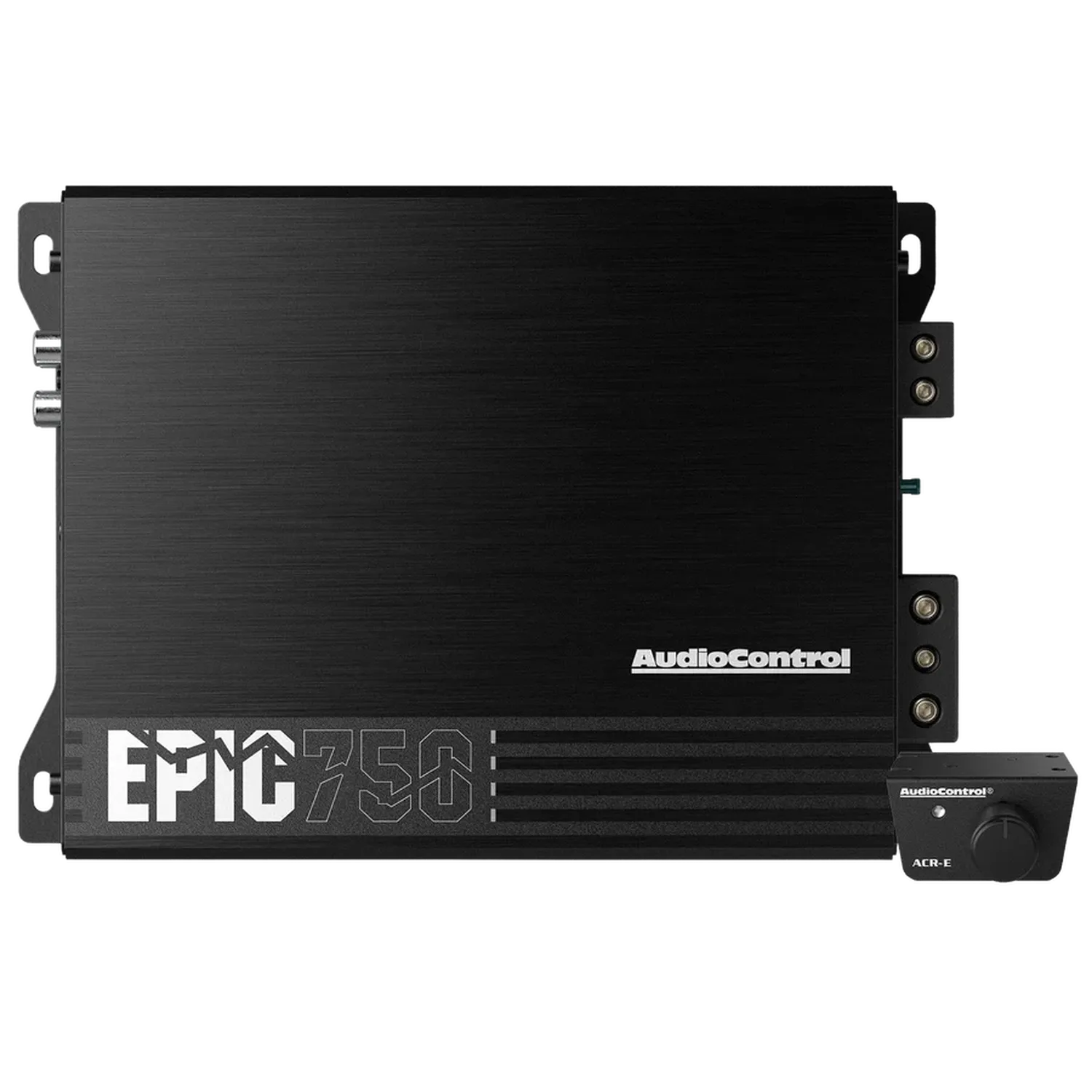 Audiocontrol EPIC750 1-Kanal Verstärker con Bass-Prozessor Epicenter, Logo in argento e ACR-1 Fernbedienung.