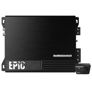 Audiocontrol EPIC750 1-Kanal Verstärker con Bass-Prozessor Epicenter, Logo in argento e ACR-1 Fernbedienung.