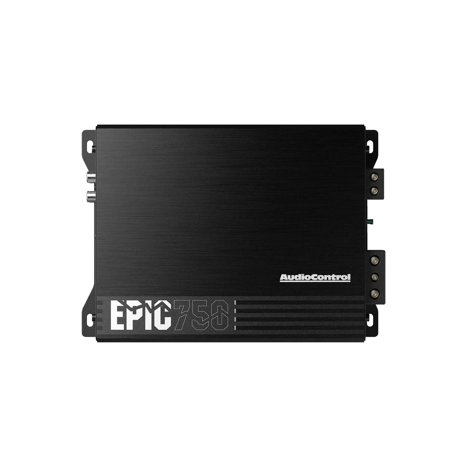 Un amplificatore audio per auto Audiocontrol EPIC750 nero con unelegante finitura in metallo spazzolato e gli adesivi distintivi del marchio e del modello sulla parte anteriore.