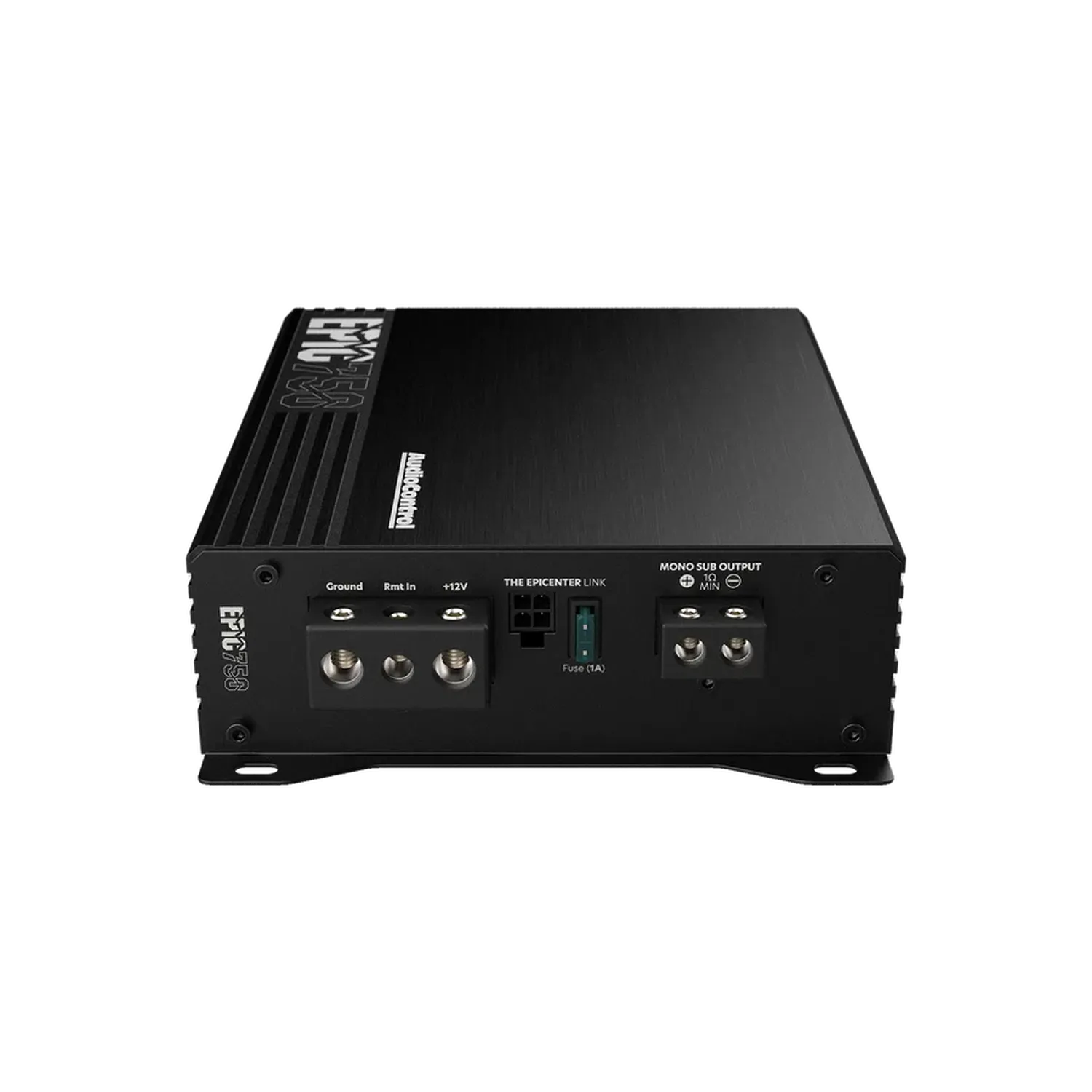 Un amplificatore mono Audiocontrol EPIC750 di colore nero con i terminali di terra, telecomando, ingresso a 12 V e uscita sub è mostrato su uno sfondo bianco.