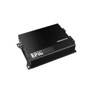 LAudiocontrol EPIC750 è un amplificatore nero a 1 canale con un design elegante, prese daria visibili e ingressi etichettati su un lato.