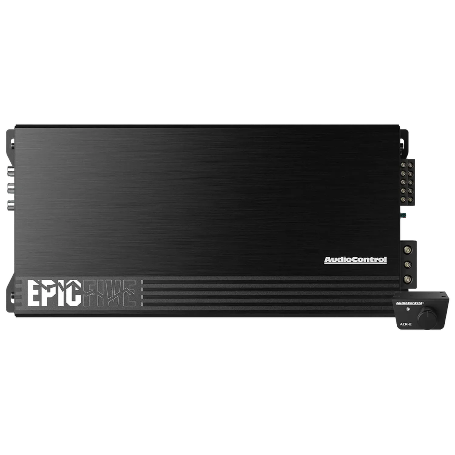 The black Audiocontrol EPICFIVE 5-channel amp features a brushed metal finish, logo, and wired remote—perfect for powerful subwoofer RMS output.