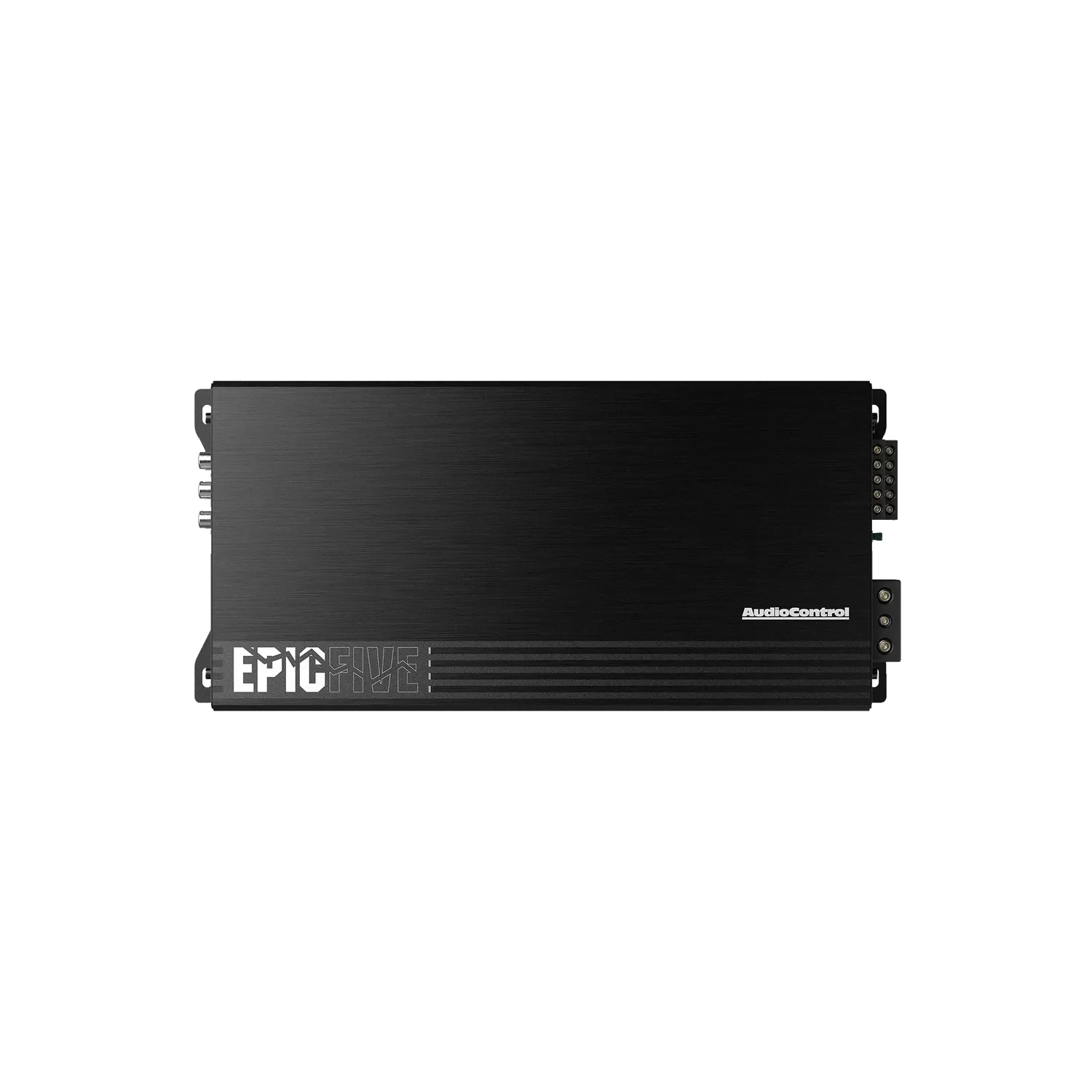 A black Audiocontrol EPICFIVE 5-Kanal Verstärker with a rectangular design and side branding is photographed on a white background.