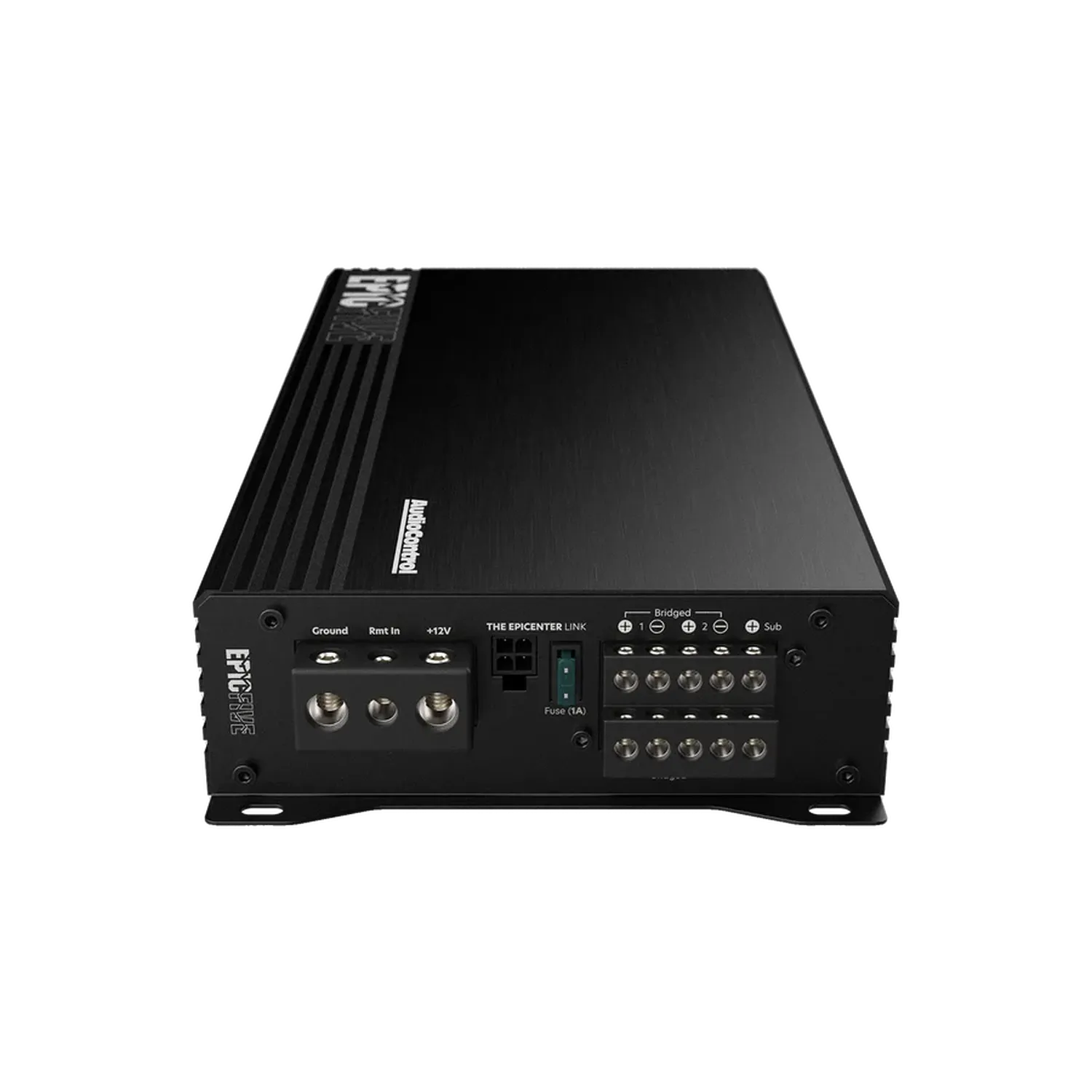 A black Audiocontrol EPICFIVE 5-channel car audio amplifier with front connection ports and control dials, shown against a white background.