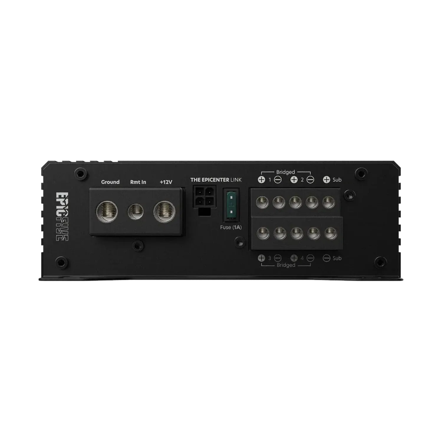 The Audiocontrol EPICFIVE is a black rectangular amplifier featuring labeled input/output terminals, fuse, and 5-channel connections for ground, remote in, 12V power, and subwoofer.