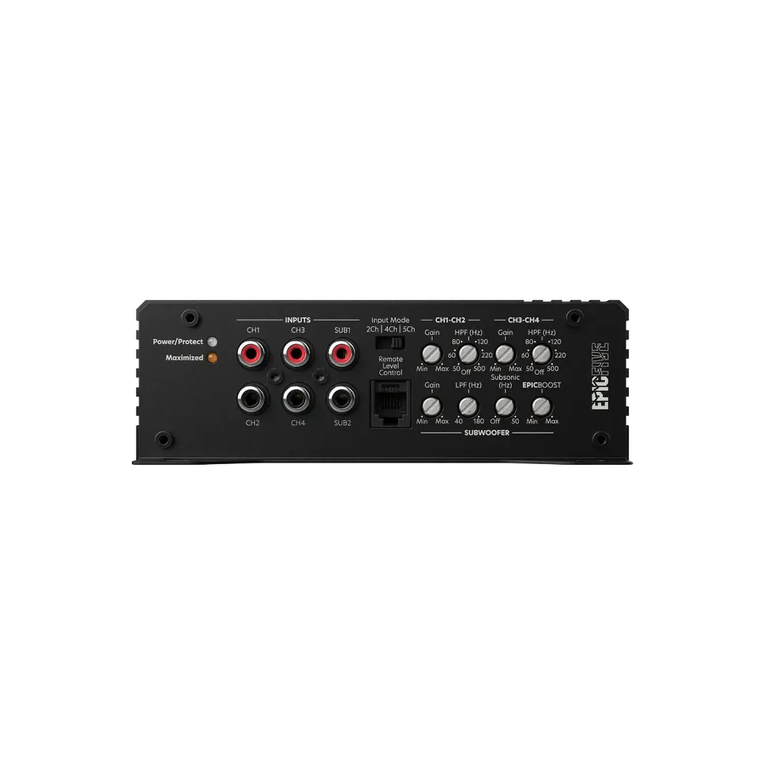 Rear view of the black Audiocontrol EPICFIVE 5-channel audio amplifier with input/output ports, adjustment knobs, and labeled connection terminals on a white background.