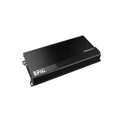 A black Audiocontrol EPICFIVE 5-channel car audio amplifier features a sleek, rectangular design with silver branding on top.