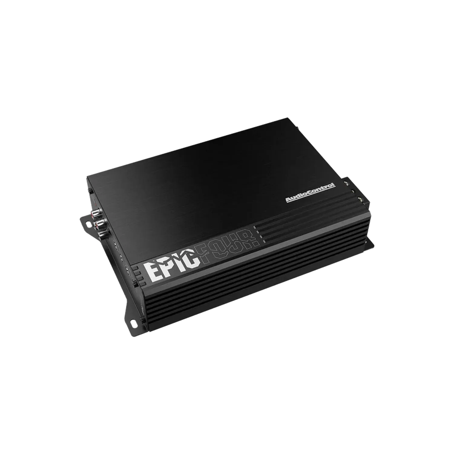 Un amplificatore per auto a 4 canali Audiocontrol EPICFOUR nero con un elegante design rettangolare, 100W RMS e porte di controllo visibili su un lato.