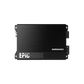 Un Verstärker nero Audiocontrol EPICFOUR a 4 canali, dal design minimalista, eroga 100 Watt RMS e si trova in posizione obliqua sul fondo grigio.