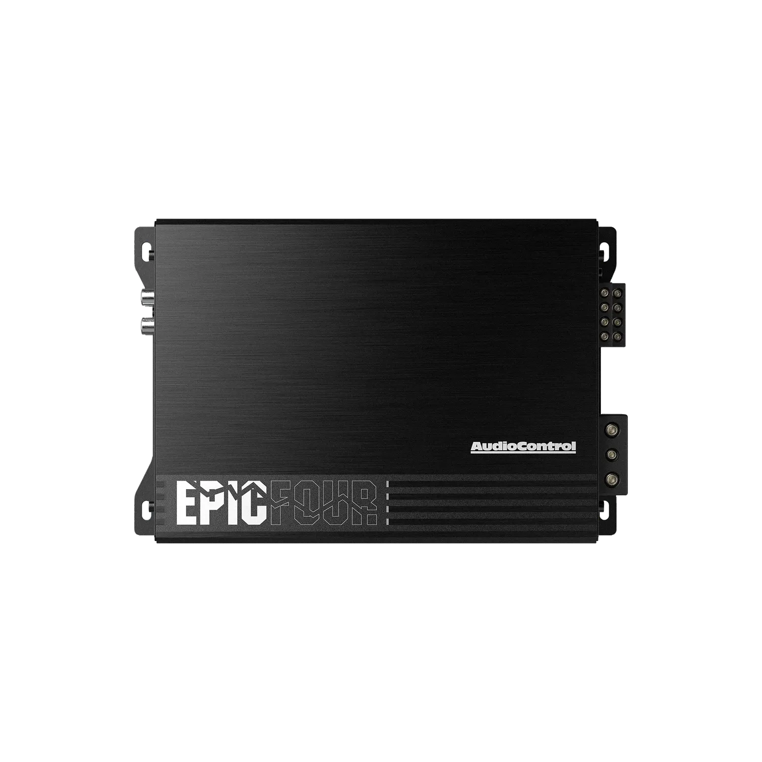 Un Verstärker nero Audiocontrol EPICFOUR a 4 canali, dal design minimalista, eroga 100 Watt RMS e si trova in posizione obliqua sul fondo grigio.