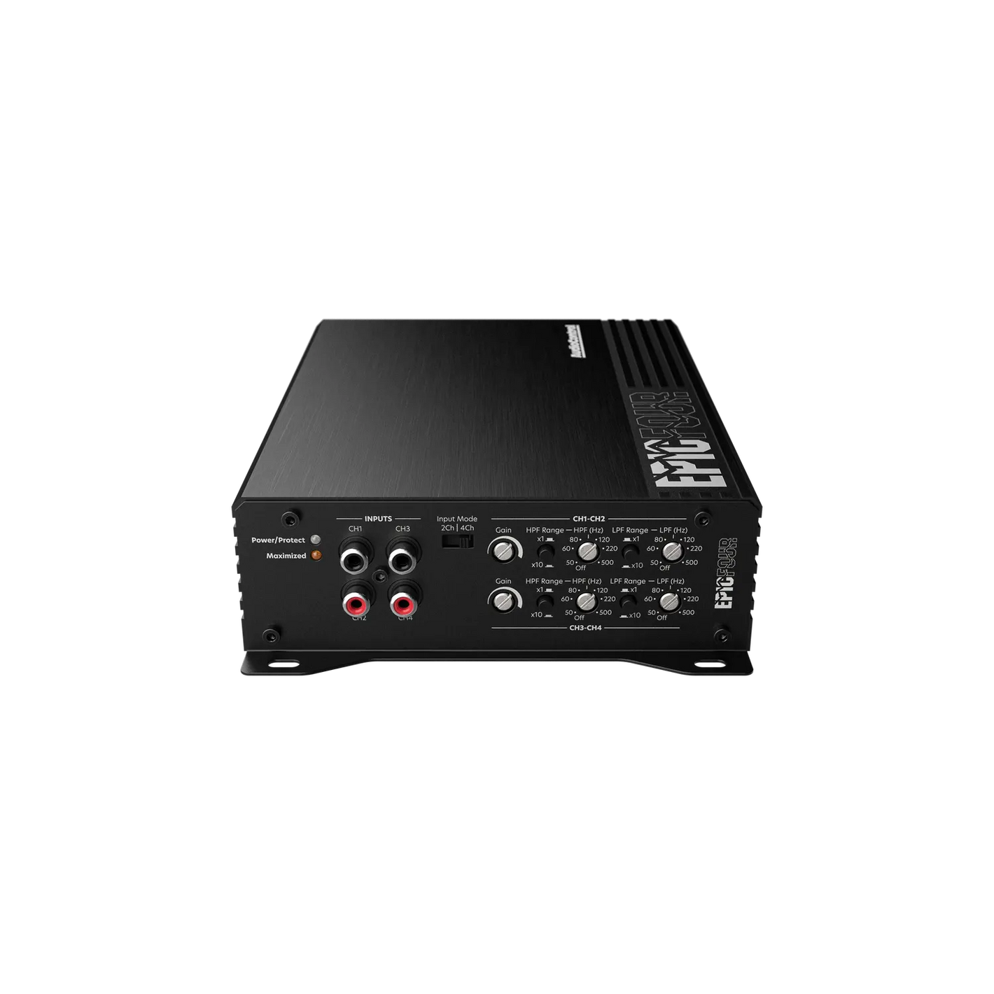 El amplificador de audio para coche de 4 canales Audiocontrol EPICFOUR cuenta con múltiples mandos de control y puertos en su panel frontal, que se muestran sobre un fondo blanco liso.