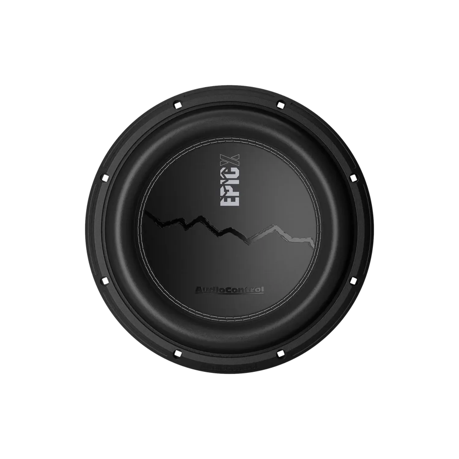 Een ronde zwarte Audiocontrol EPICX10 subwoofer met EPIC X en een gekartelde lijnafbeelding in het midden, van bovenaf gezien op een witte achtergrond.