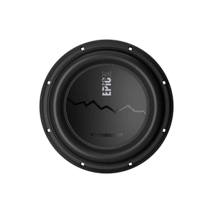 Un subwoofer Audiocontrol EPICX10 rotondo e nero con la scritta EPIC X e una grafica a linee frastagliate al centro, visto dallalto su uno sfondo bianco.