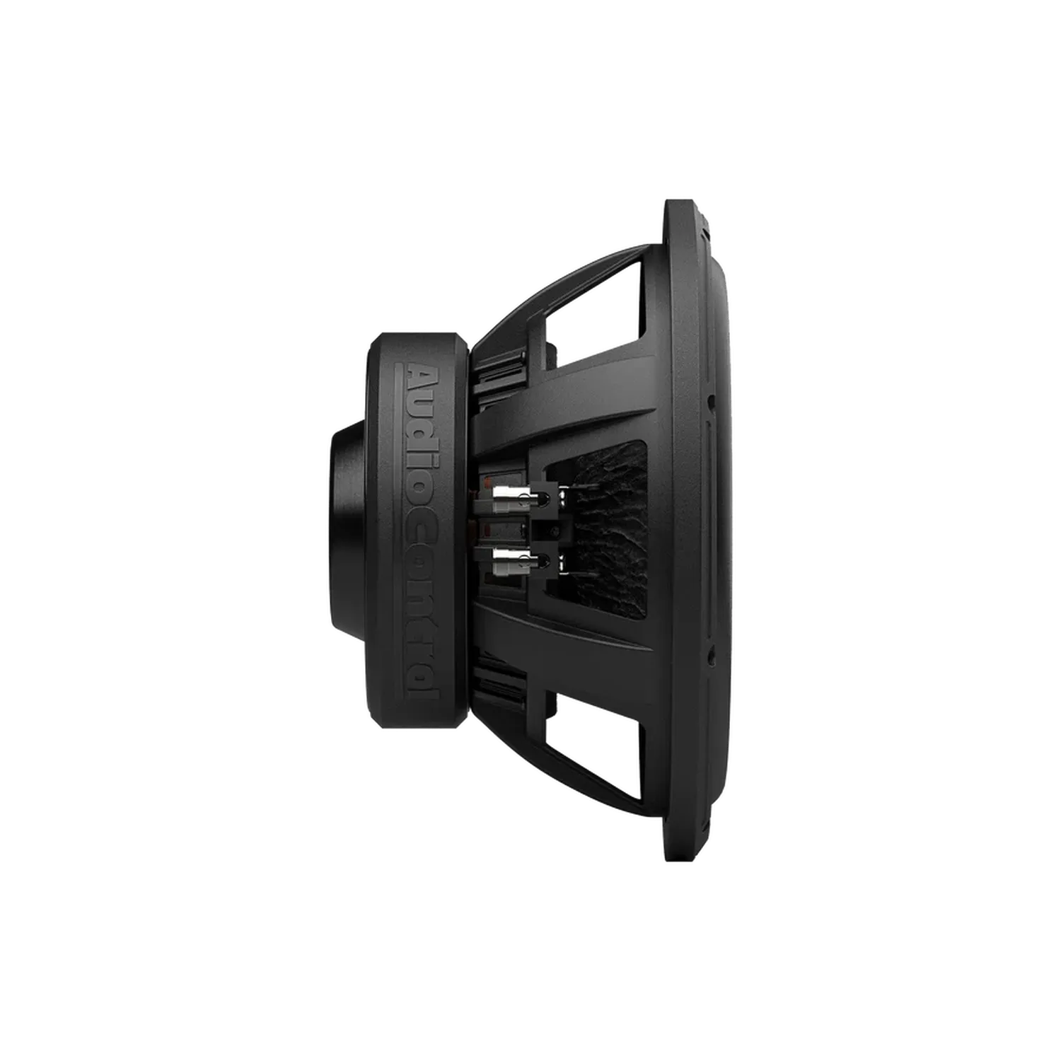 Zijaanzicht van een Audiocontrol EPICX10 10-inch subwoofer met bashersteltechnologie, met aansluitingen en structuur tegen een effen witte achtergrond.