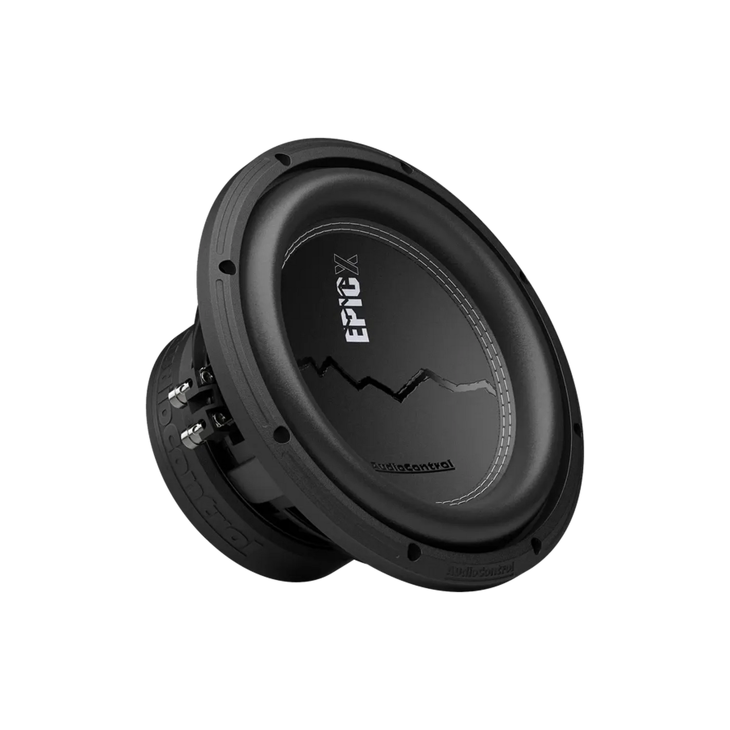Een zwarte Audiocontrol EPICX10 10-inch ronde subwoofer, voor- en zijaanzicht, met een gekarteld lijndesign op de luidsprekerconus.