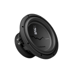 Een zwarte Audiocontrol EPICX10 10-inch ronde subwoofer, voor- en zijaanzicht, met een gekarteld lijndesign op de luidsprekerconus.