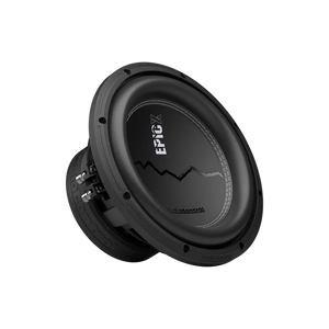 Un subwoofer circolare nero Audiocontrol EPICX10 da 10 pollici, vista frontale e laterale angolata, con un design a linee frastagliate sul cono del diffusore.