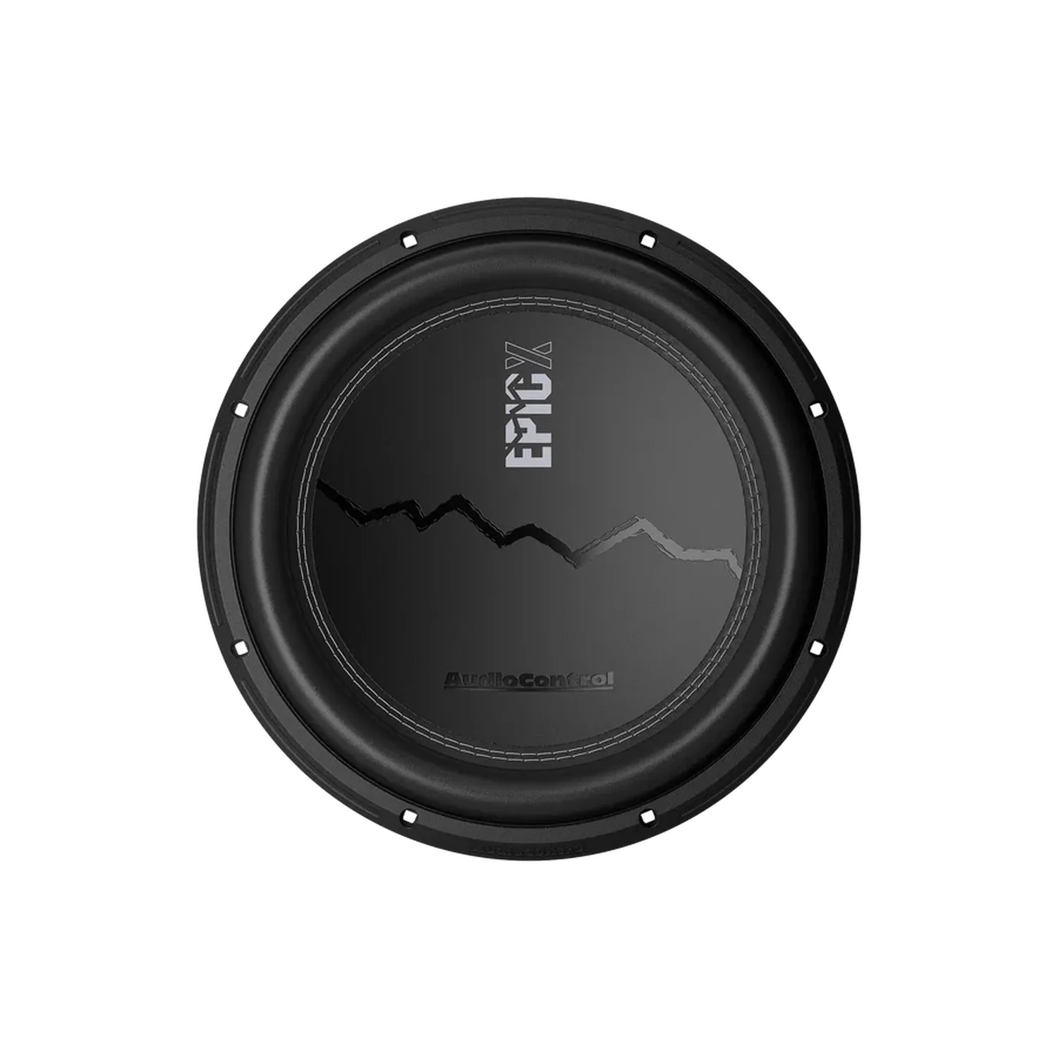 De Audiocontrol EPICX12 is een zwarte 12 subwoofer met Dual Voice Coil en EPIC X tekst, bergachtige graphics, van bovenaf weergegeven op een lichte achtergrond.