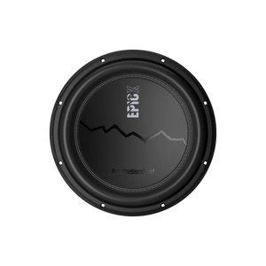 LAudiocontrol EPICX12 è un subwoofer nero da 12 con bobina a doppia voce e testo EPIC X, grafica simile a quella di una montagna, raffigurata dallalto su uno sfondo chiaro.