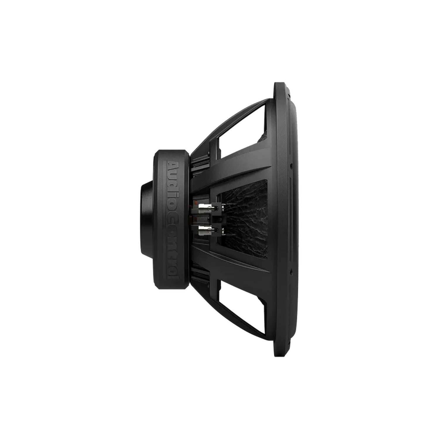 Zijaanzicht van de Audiocontrol EPICX12 12 subwoofer met dubbele spreekspoel, met de conus, het frame en de aansluitklemmen tegen een witte achtergrond.