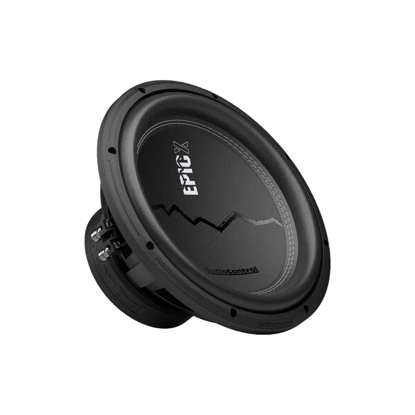 Een zwarte Audiocontrol EPICX12 12 Dual Voice Coil subwoofer met EPIC en een zigzaglijn op de conus, schuin afgebeeld op een effen witte achtergrond.