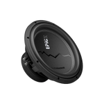 Een zwarte Audiocontrol EPICX12 12 Dual Voice Coil subwoofer met EPIC en een zigzaglijn op de conus, schuin afgebeeld op een effen witte achtergrond.