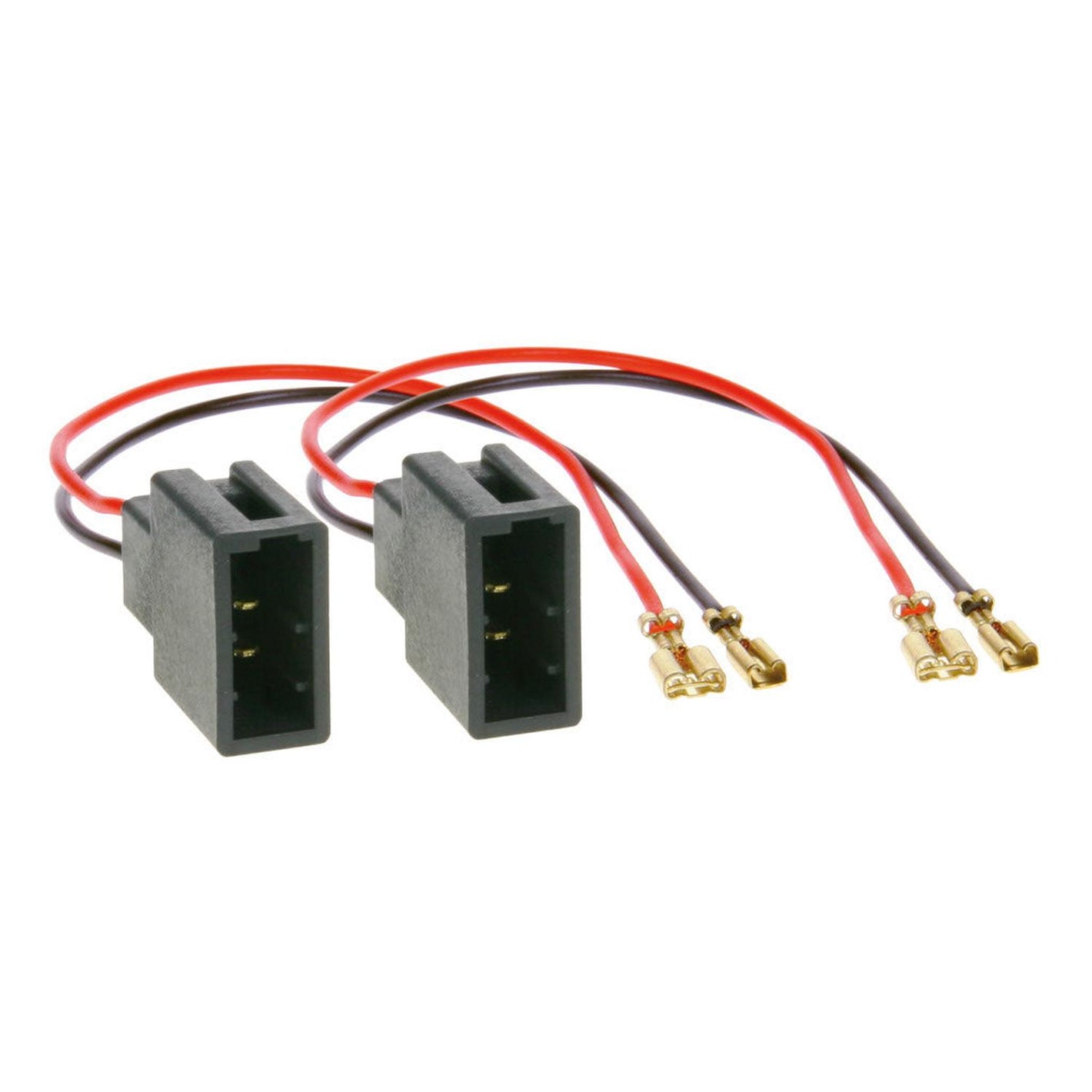 Zwei Audison CN WIRE ADAPT. 03-Stecker mit kurzen roten und schwarzen Kabeln, vergoldete Crimpanschlüsse; passend für CITR.C1/PEUG.107/TOY.AYGO, abgebildet auf weißem Hintergrund.