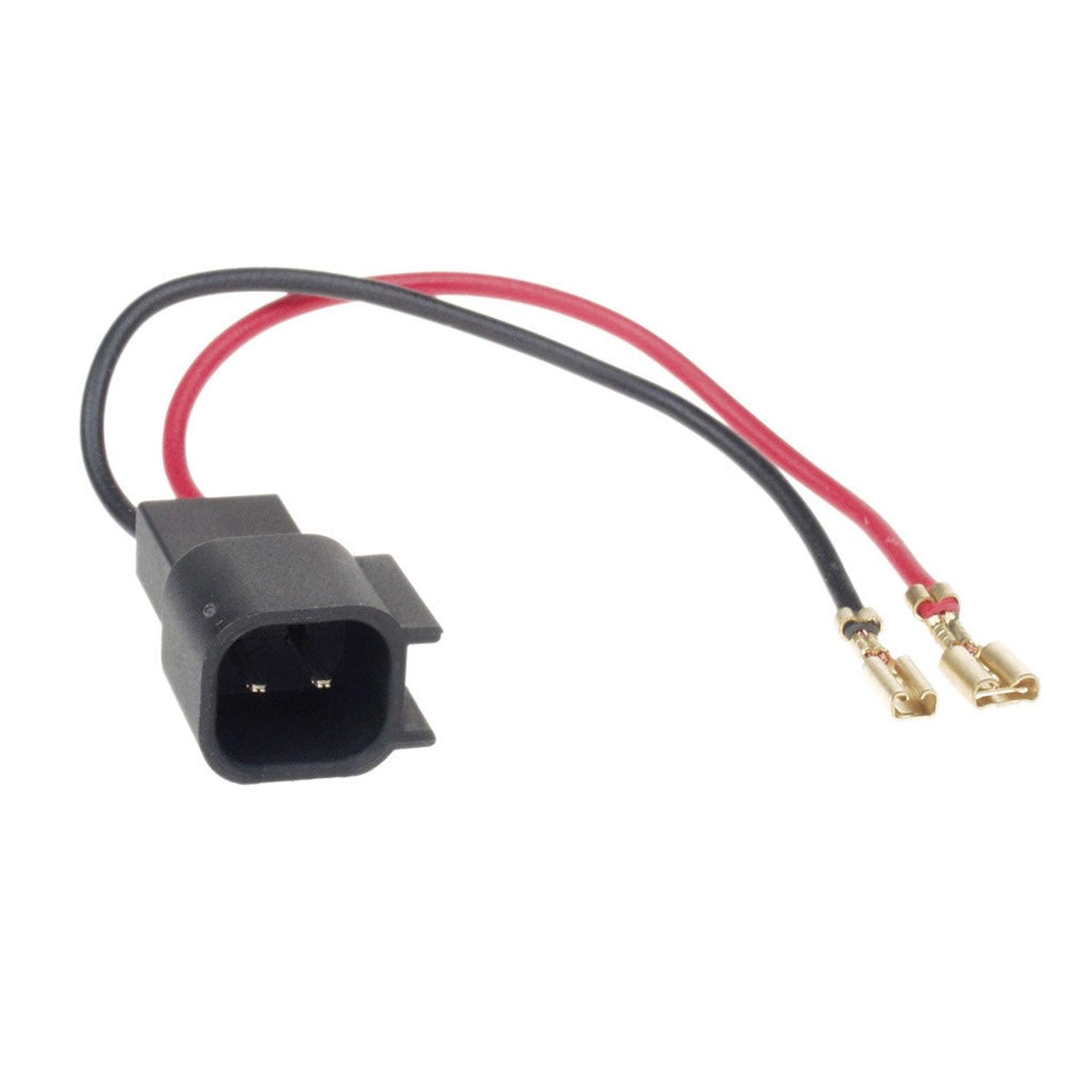 Audison CN WIRE ADAPT. 08 FORD/OPEL: schwarzer, rechteckiger, abnehmbarer Stecker mit rot-schwarzen Kabeln und vergoldeten Anschlüssen vor weißem Hintergrund.