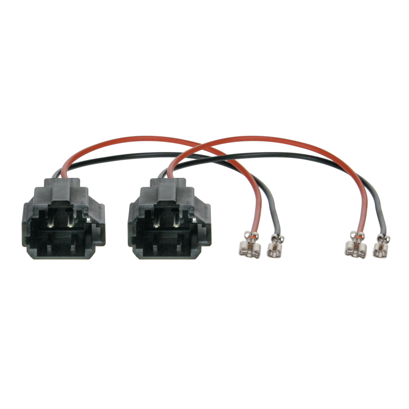 Zwei schwarze Audison CN WIRE ADAPT. 12 Hyundai 2-Pin-Stecker mit rot-schwarzen Kabeln und Metallklemmen, abgebildet auf weißem Hintergrund. 2er-Set.