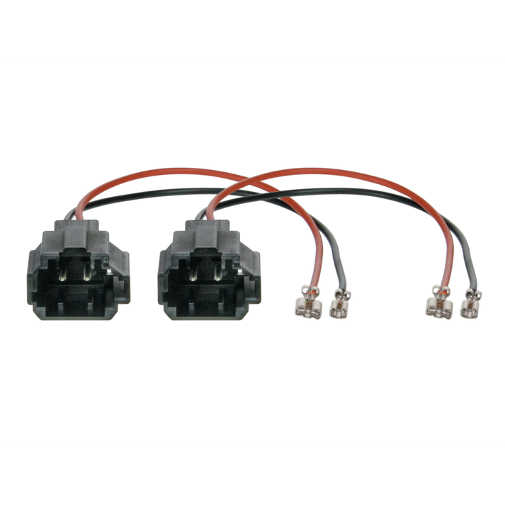 Zwei schwarze Audison CN WIRE ADAPT. 12 Hyundai 2-Pin-Stecker mit rot-schwarzen Kabeln und Metallklemmen, abgebildet auf weißem Hintergrund. 2er-Set.